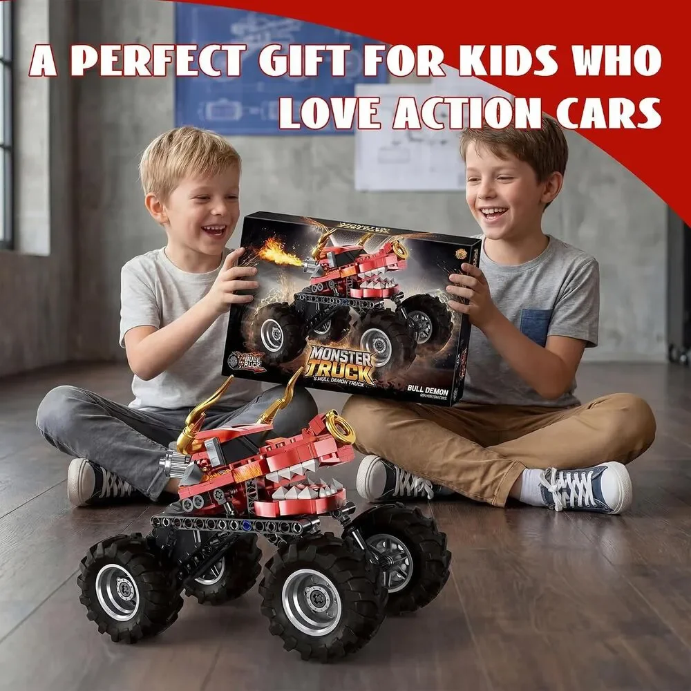 Red Dragon Monster Truck 2-in-1 Building Block Set Pull-Back STEM Toy Ages 8+